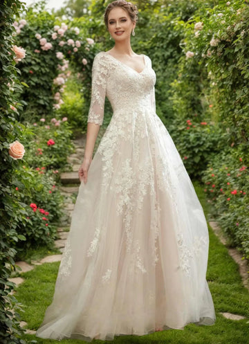 Classic A-line Wedding Dress V-neck Half Sleeves Lace Appliques Tulle Princess Bridal Gowns Boho Garden Vestidos De Noiva