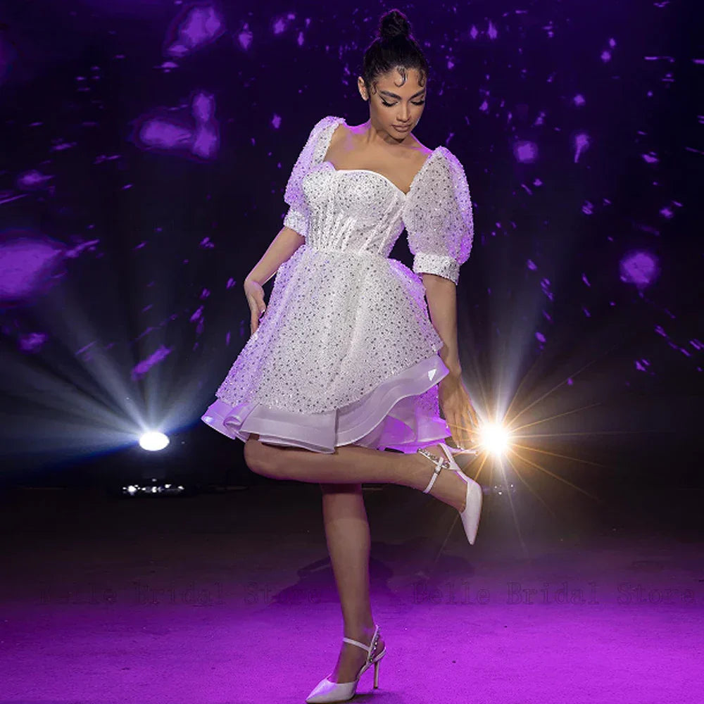 Glitter Short Wedding Dresses Sweetheart Neck Short Puff Sleeves Bridal Growns Sequin Pearls Above Knee A-line Vestidos De Novia