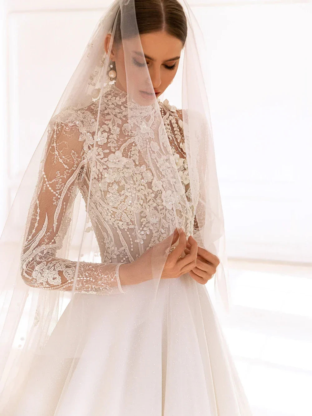 Modest high collar long sleeve sparkly sequins beads elegant appliques long bridal gown front view