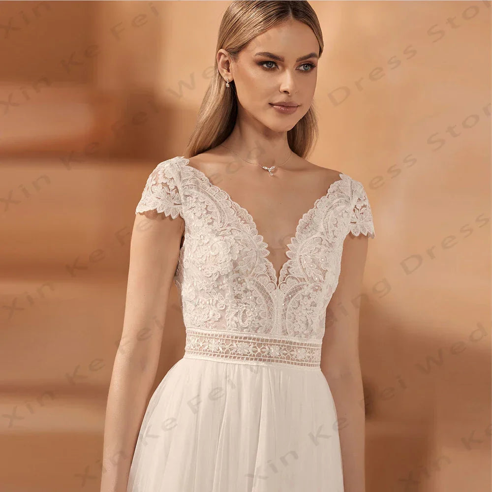 Deep V-neck short sleeves high slit lace appliques sexy fascinating elegant wedding dress bridal gown ivory