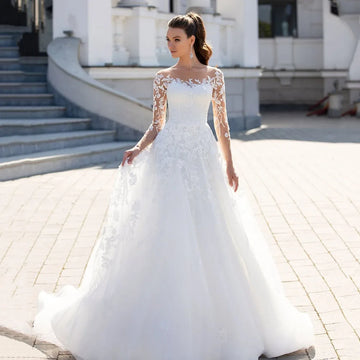 Customized Lace Wedding Gown With Floral Embroidery Illusion Long Sleeves Wedding Dress Backless Princess Elegant Bridal Dress