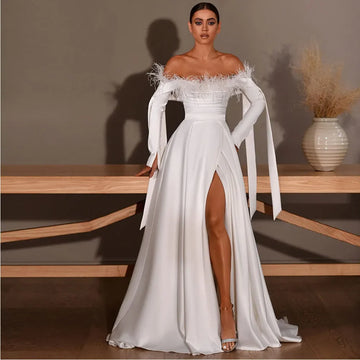 Elegant Wedding Dresses Boat Neck Long Sleeve Feather A Line Bridal Gowns Pleat Bow Tie Strap Sexy High Split Vestidos De Novia