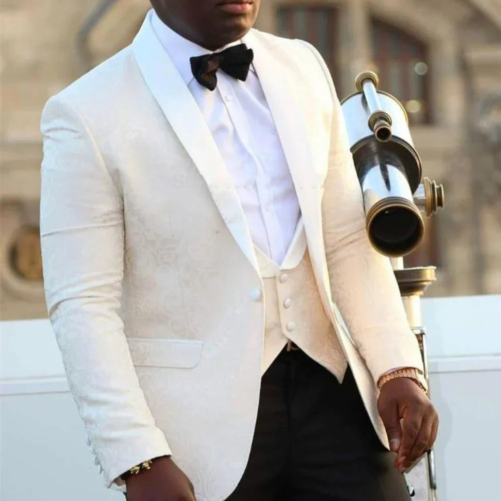 Slim fit shawl lapel floral groom tuxedo wedding prom men suit jacket pants vest ivory