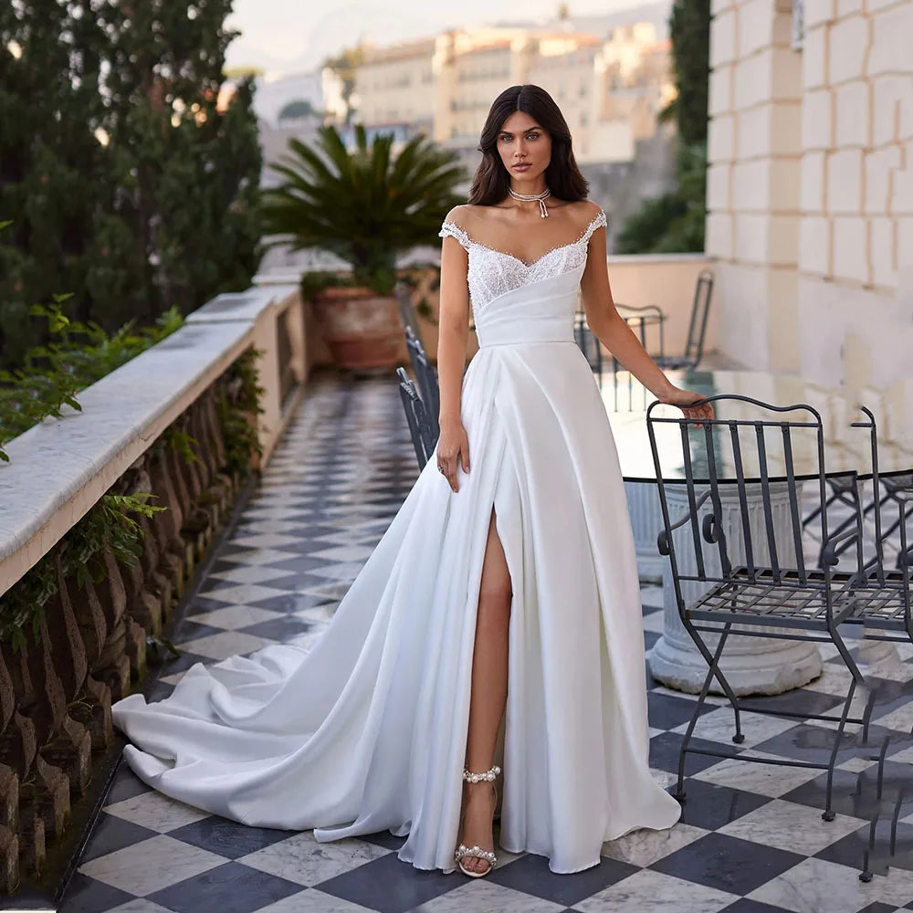 Luxury Wedding Dresses Beading Satin A-Line Brides Gown Illusion Cap Sleeves High Side Slit Sexy Bridal Dresses Customized
