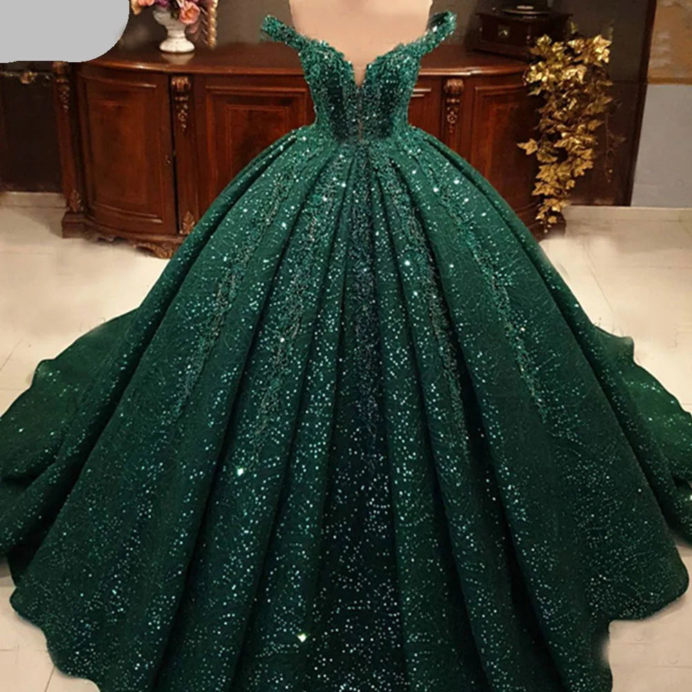 Arabic green sequins beading wedding dress off shoulder lace applique evening party gown