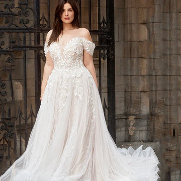 Pastrol Wedding Dresses Tulle V-Neck Off The Shoulder Lace Up Bride Gowns Lace Applique A-Line Vestido De Noiva Modernos