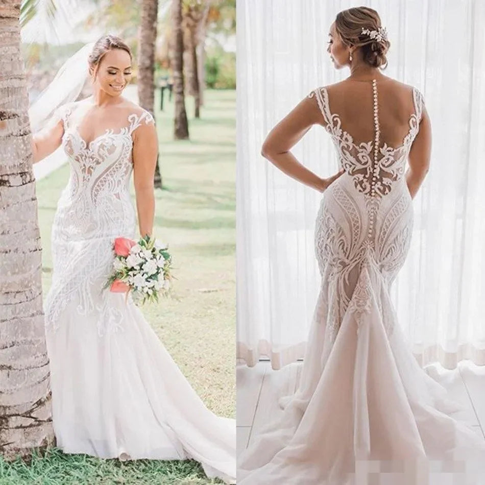 Plus size Mermaid Wedding dress Lace applique Transparent V Neck jewelry Sweep train romantic wedding custom gown Mary New