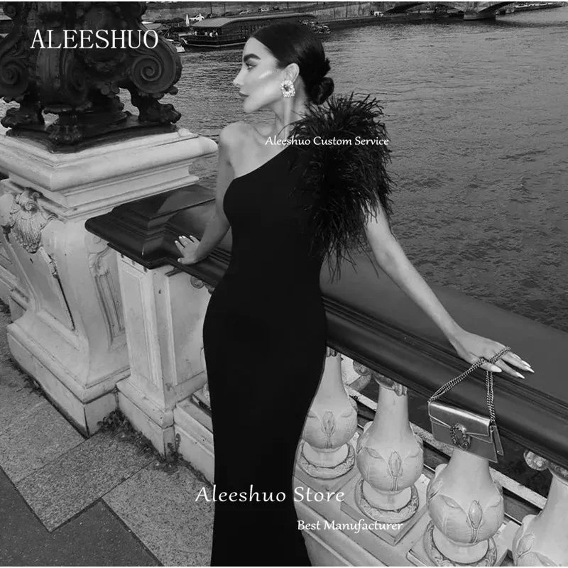 Aleeshuo Elegant Black Mermaid Formal Prom Dress Feathers One Shoulder Sleeveless Evening Dress Party Gowns Saudi Arabia