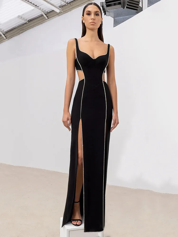 Sexy V-neck hollow diamond split bandage dress sleeveless crystal long bodycon celebrity party club