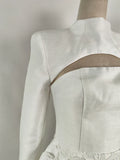 Mini high waist strapless O-neck long sleeve crop top flower women dress close-up