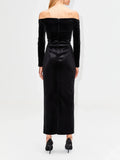 Lace patchwork black velvet long sleeves off-shoulder sexy bodycon elegant evening party dress back view