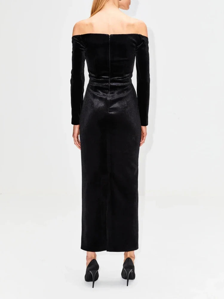 Lace patchwork black velvet long sleeves off-shoulder sexy bodycon elegant evening party dress back view
