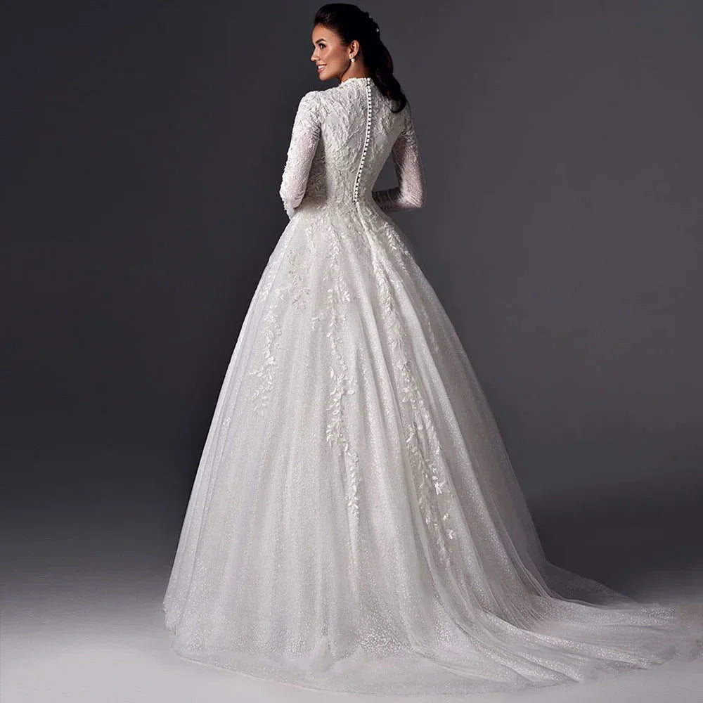 Customized Muslim High Collar A-line Wedding Dress Wrinkle Long Sleeve Lace Applique Bridal Dress Vintage Vestidos De Novia