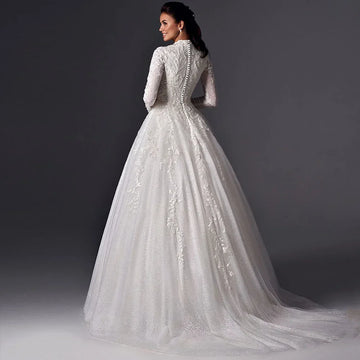 Customized Muslim High Collar A-line Wedding Dress Wrinkle Long Sleeve Lace Applique - Image 2