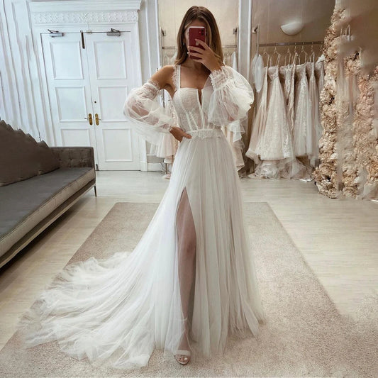 Customized Spaghetti Straps Lace Wedding Gowns Removable Long Bishop Sleeves A Line Mesh High Split Rustic Bridal Dress