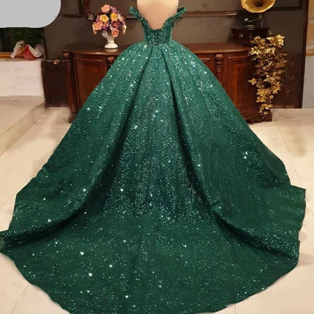 Arabic green sequins beading wedding dress off shoulder lace applique evening party gown