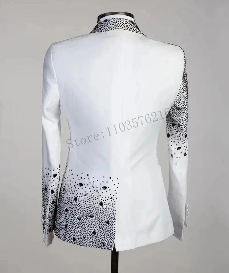 Luxury Beads 2 Pieces Blazer Pants Men Suits Shiny One Button Sheer Lapel Diamonds Formal Party White Wedding Groom