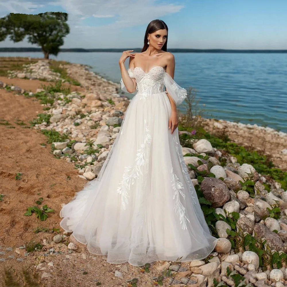 Elegant Pearls Beach Wedding Dresses Sweetheart Tulle Bridal Gowns Sexy Backless Vestidos De Novia Off The Shoulder A-Line