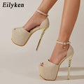 High heels peep toe stiletto platform buckle strap party pumps sandals women shoes close-up