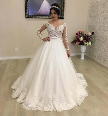 New Luxury Princess Wedding Dresses Sheer Neck Illusion Long Sleeves Appliques Sweep Train Bridal Gowns Vestidoe De Noiva