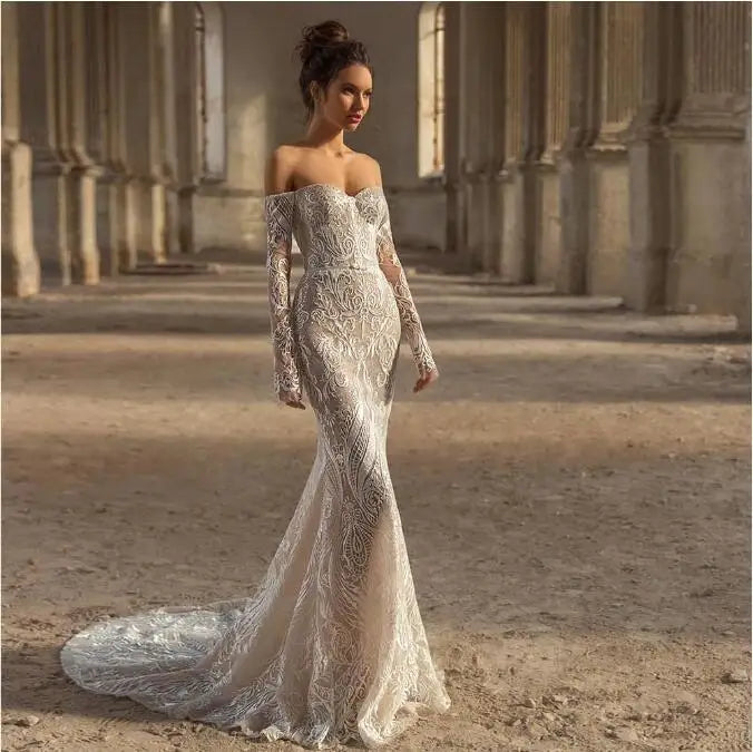 Off-shoulder strapless ivory court train full sleeve wedding dress size chart