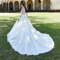 Luxury high neck lace appliques long sleeves illusion button ball gown bridal gown front view