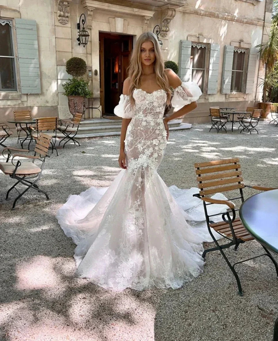 Romantic strapless illusion lace mermaid court train custom bridal gown front view