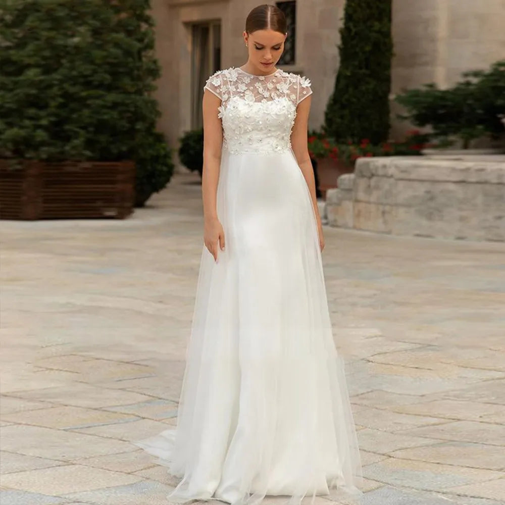 O-neck cap sleeve wedding dress 3D flowers tulle overskirt satin sweetheart bride cut-out back bridal gown