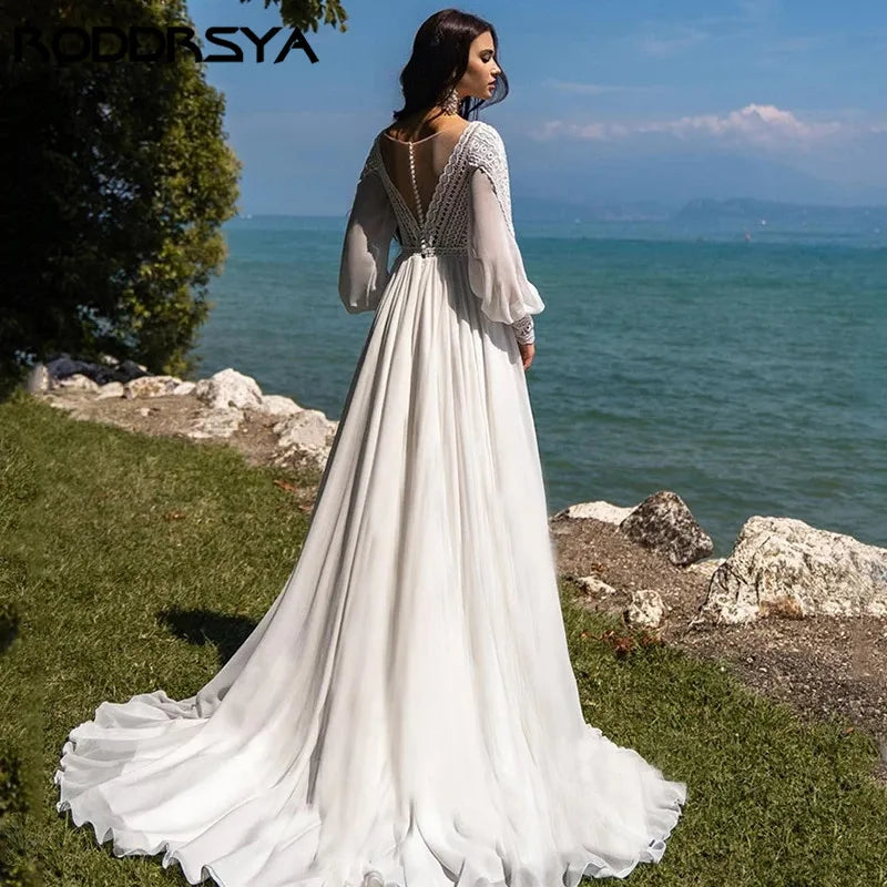 RODDRSYA Boho A-line Wedding Dresses For Women Chiffon Puffy Sleeve vestido de novia Elegant Lace Bridal Dress Custom Made