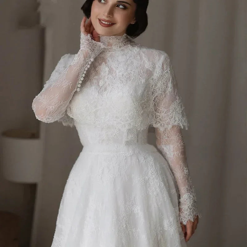 Luxury Lace A Line Wedding Dresses Long Sleeve Cape High-neck Wedding Bridal Dresses vestidos de novia Customized