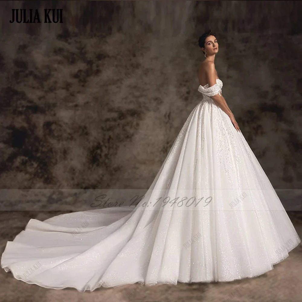 Luxury Beading Lace Sweetheart A-Line Wedding Dresses Off Shoulder Pearls Sleeves Bridal Gowns