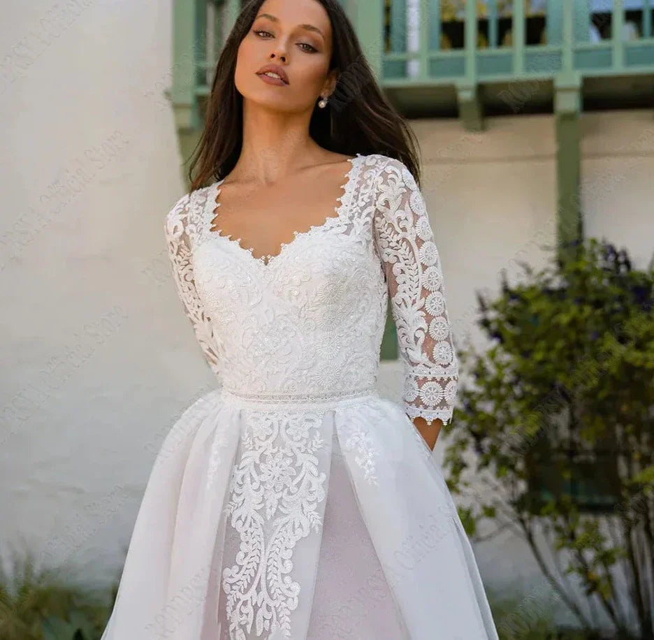 Elegant 3/4 Sleeves Wedding Dresses Square Collar Backless Bride Gowns Tulle A-Line Lace Applique - Image 4