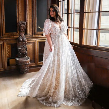 Short Sleeves V Neck Vestidos De Novia Customized Plus Size Court Train Lace Wedding Dresses Appliques Vestido De Noiva