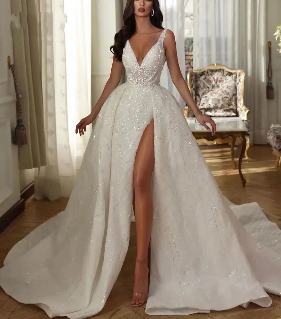 Shiny ball gown wedding dress 2026 V-neck sequins straps appliques lace slit pearls bridal gown