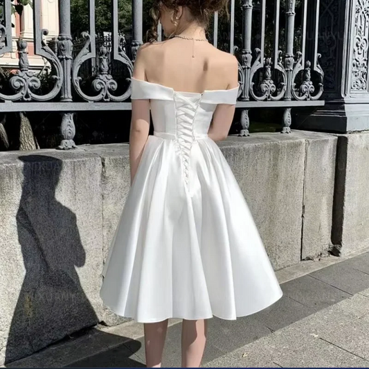 Simple Short Wedding Dress Satin Ivory A-line Wedding Gown Custom Made Corset Bridal Dress