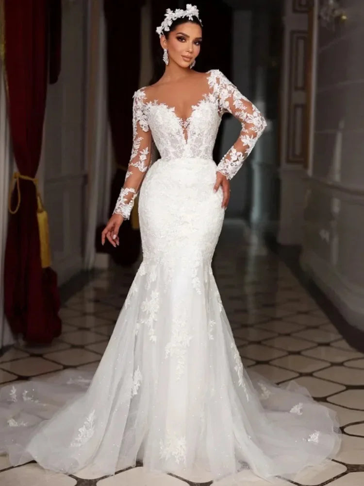 Mermaid wedding dress transparent neck long sleeve lace appliques detachable train bridal
