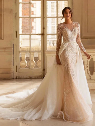Customized Modest Long Sleeve Bridal Dress Sparkly Sequins Beads Wedding Gown Detachable Train Bride Robe Vestido De Novia