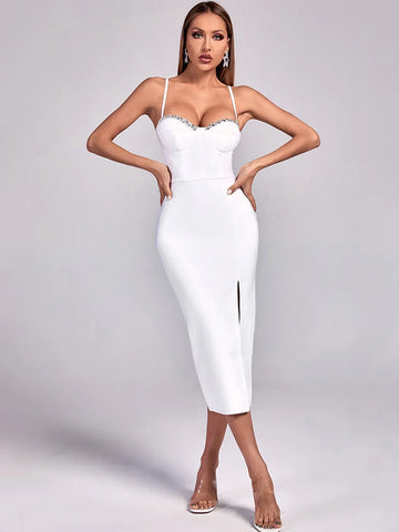 Sexy Spaghetti Strap Diamond Decorated Bodycon Bandage Dress Fashion Celebrity Club Evening Party Dress Vestido