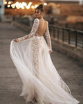V-neck long sleeve luxury A-line halterback elegant beach outdoor bridal dress side view