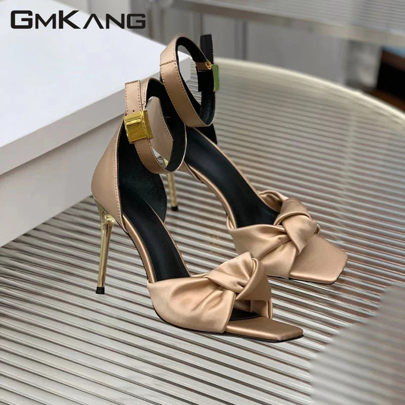 Crystal studded round heels satin ankle strap high heels runway sandals women summer