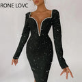 Women elegant glitter deep V-neck long sleeves rhinestone midi formal black dress