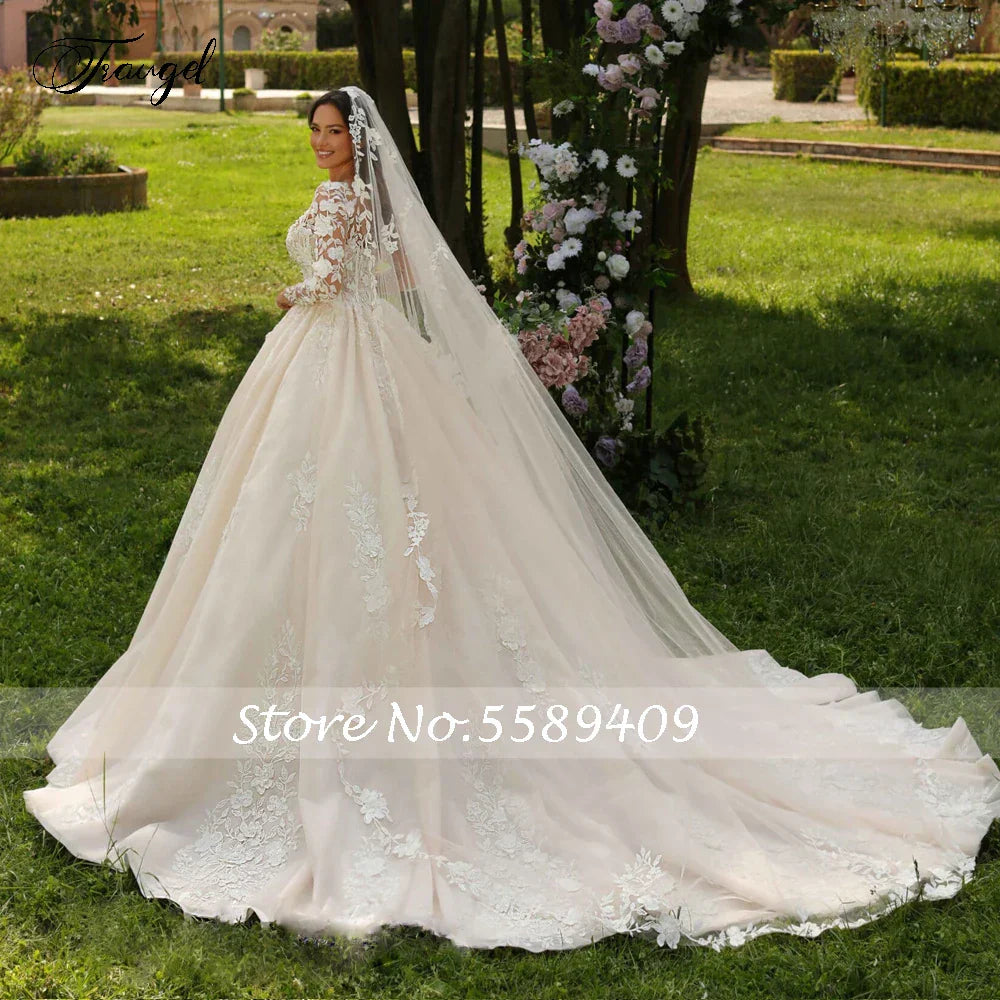 Scalloped long sleeve embroidery appliques elegant princess ball gown wedding dress bridal gown ivory