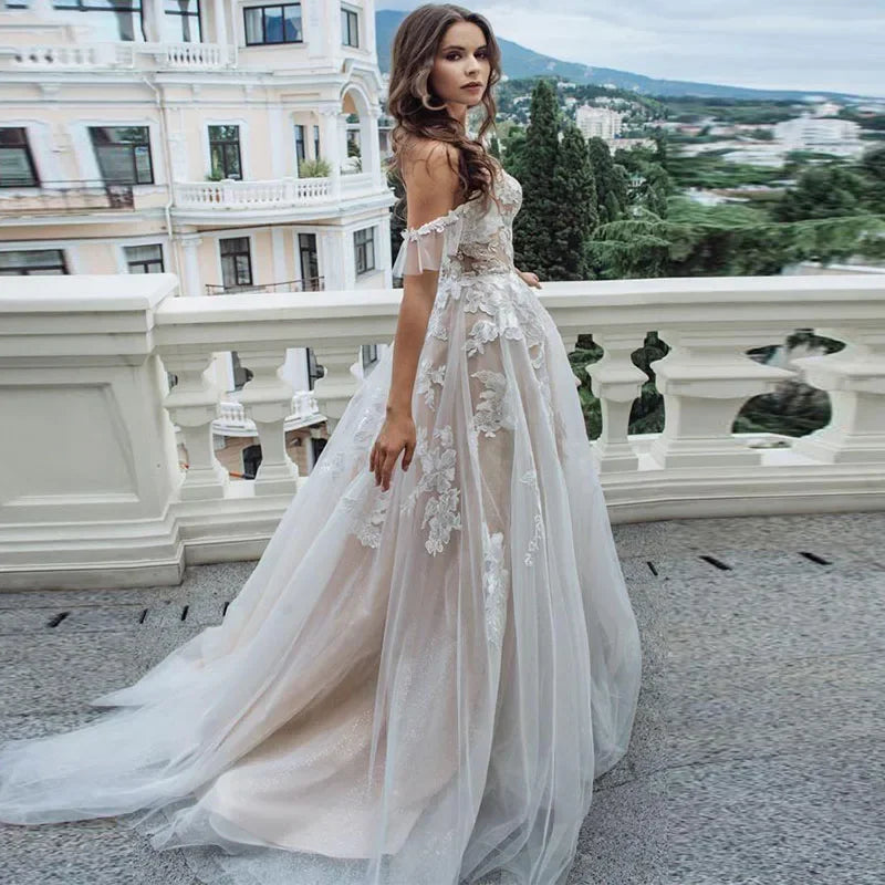 Custom Color Beach Wedding Dress Lace Appliques Tulle Backless Boho Wedding Gowns Off Shoulder Princess Bridal Dress