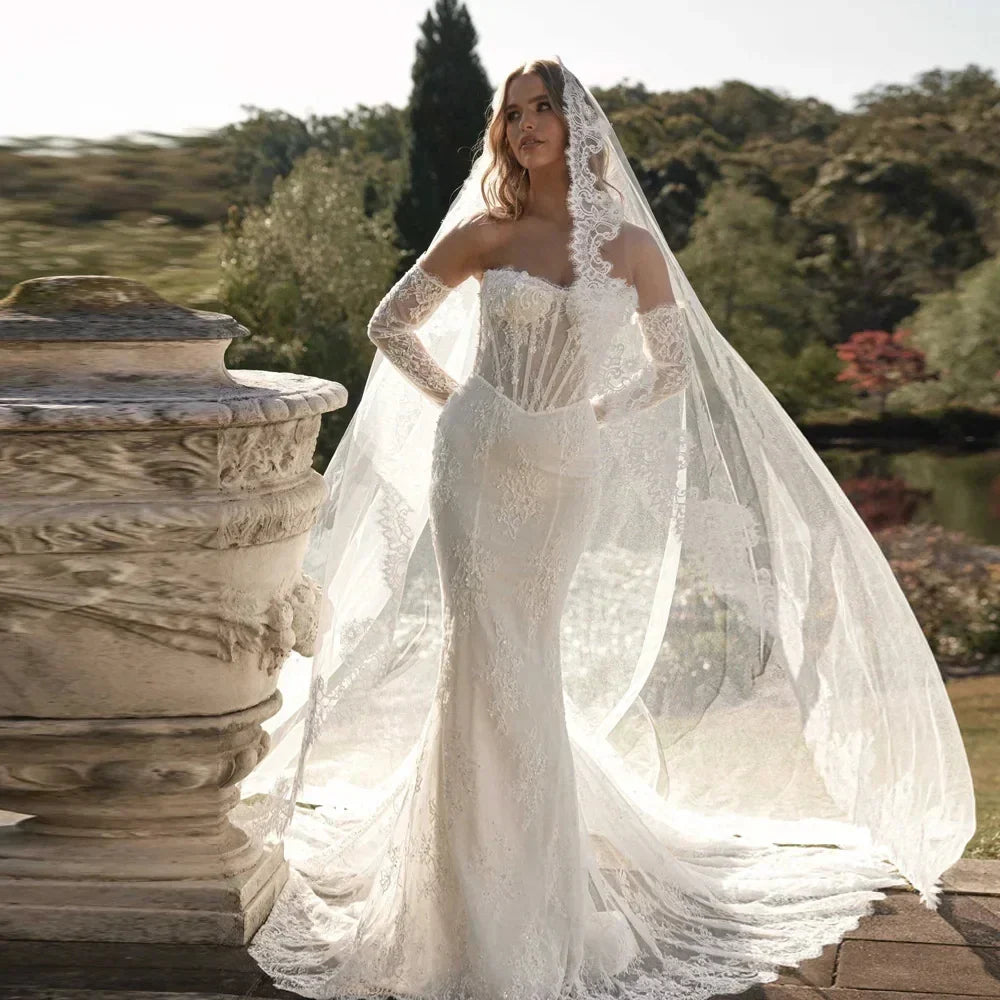 Elegant mermaid wedding dress strapless long sleeve lace embroidery court train bridal gown