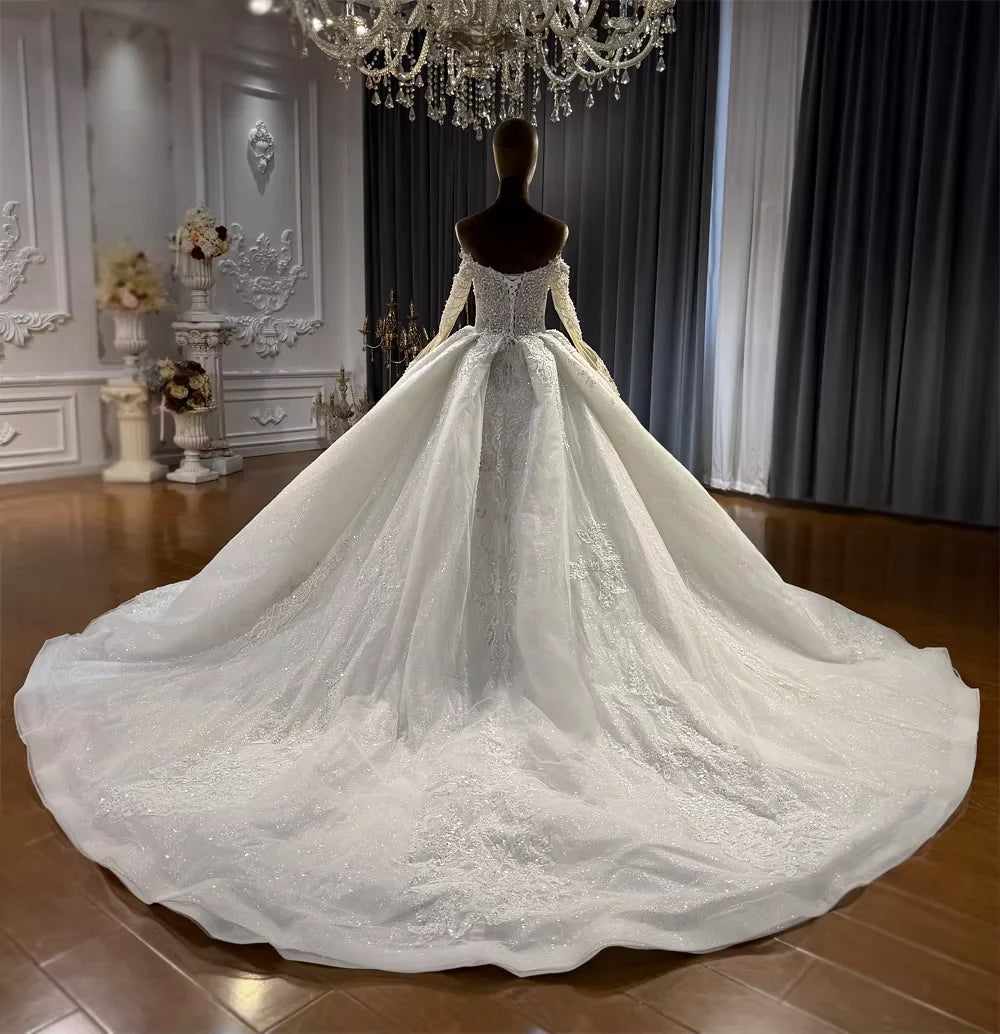 Off-shoulder long sleeve wedding dress – side view – Snowy Bridal