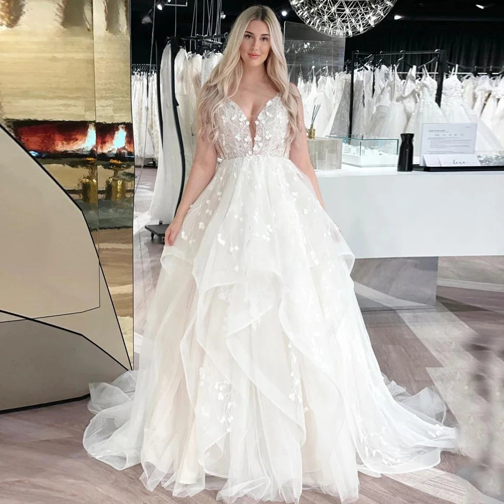 Customized Trendy Appliques Wedding Dresses 2025 Bride Ruffles A Line Deep V Neck Sleeveless Button Tulle Vestidos De Novia