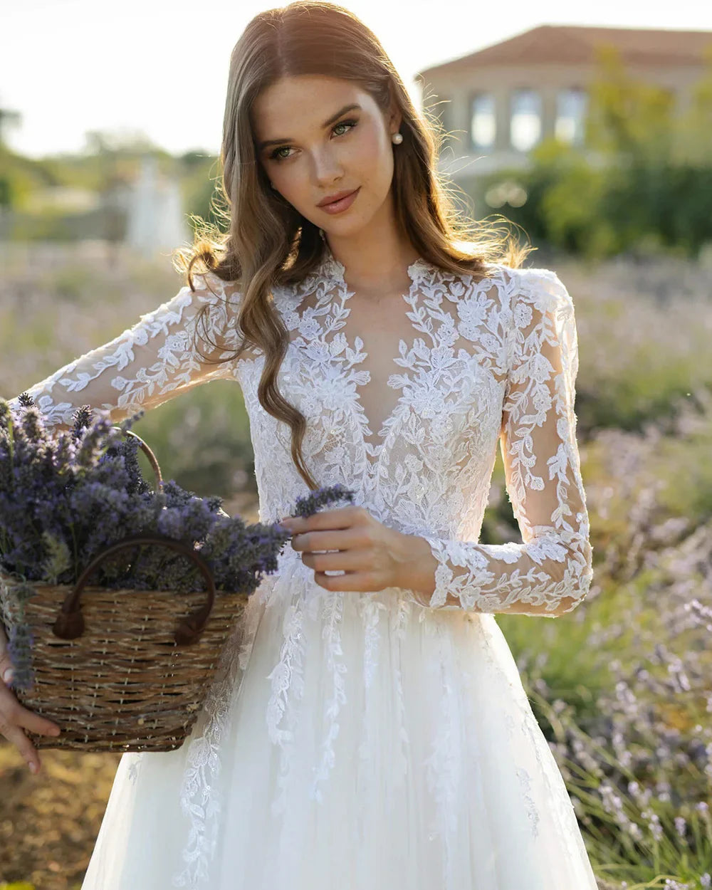 Boho Wedding Dresses Brides V Neck Modest Buttons Bridal Dress Long Sleeve A-Line Appliqued Lace Bridal Gown Customized