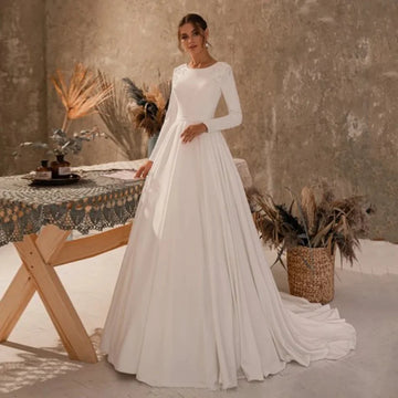 Customized Elegant Wedding Dress O Neck Long Sleeves Beading Pearls Buttons A Line Sweep Train Vestidos De Novia Bride Gown