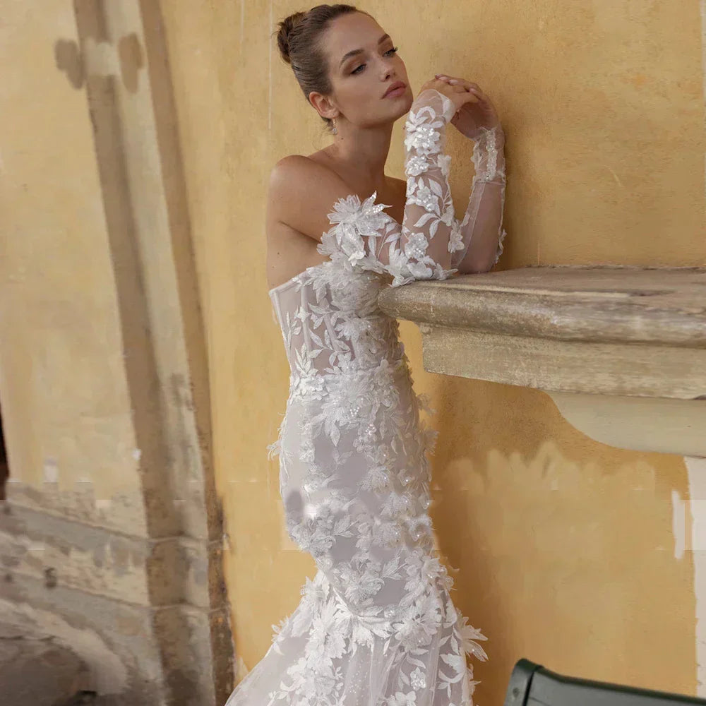 Long sleeve strapless mermaid beading flowers appliques sexy engagement party dress back view