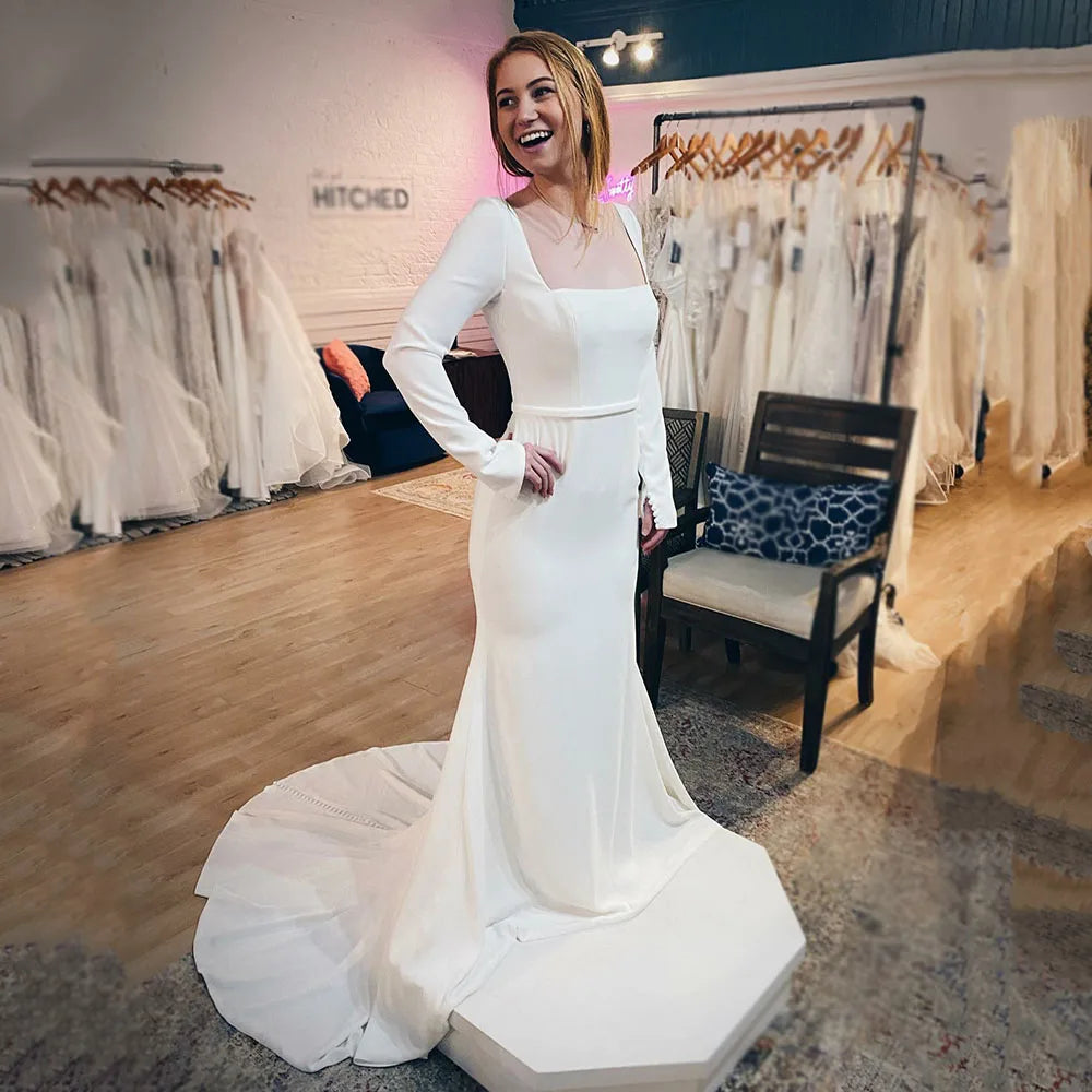 Elegant Mermaid Wedding Dresses Women Open Back Long Sleeve Square Collar Belt Unique Bridal Gown Vestidos De Novia Customized
